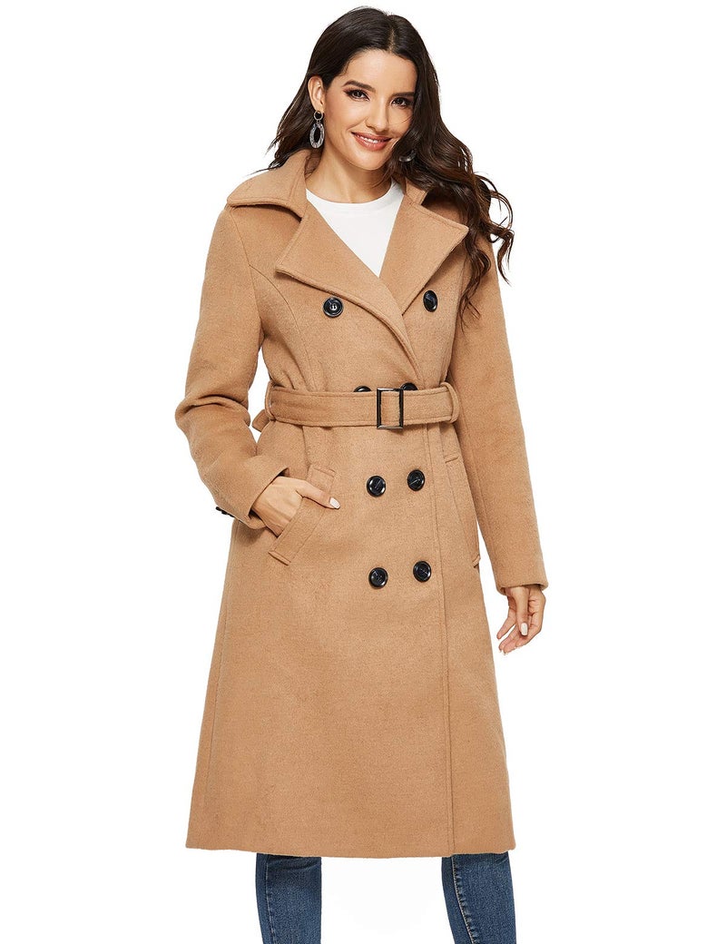 Escalier Womens Wool Coat Double Breasted Pea Coat Winter Long Trench Coat with Belt Camel XL - Image 1
